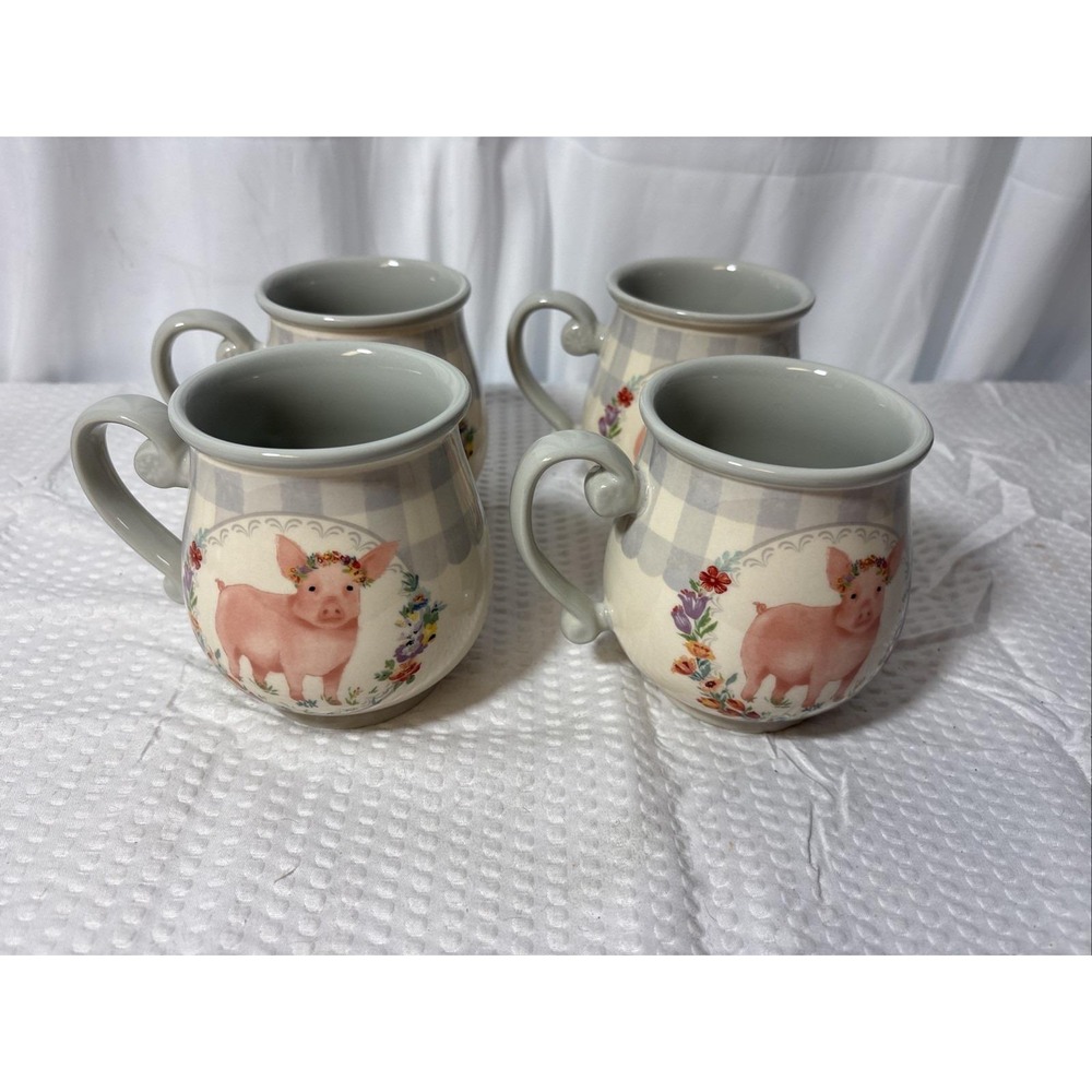 The Pioneer Woman Pig Ceramic 15oz Mug, 4 Cup Set, Gingham Gray